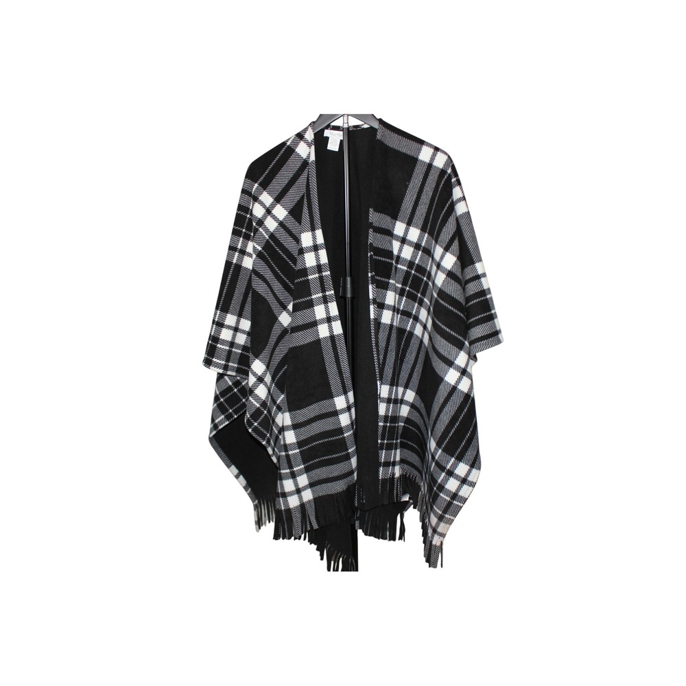 Martha Stewart Black White Plaid Fleece Fringed Wrap Poncho One Size